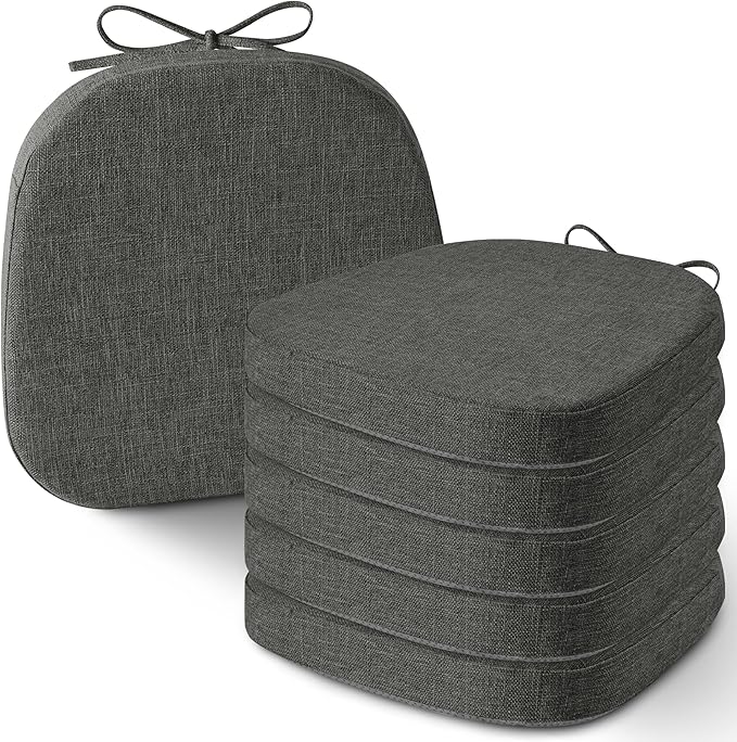 AddGrace Set of 6 Chair Cushions for Metal Dining Chairs 14x14 Chair Pads with Ties Non Slip Thick Seat Cushions with Textured and Removable Cover Dark Grey
