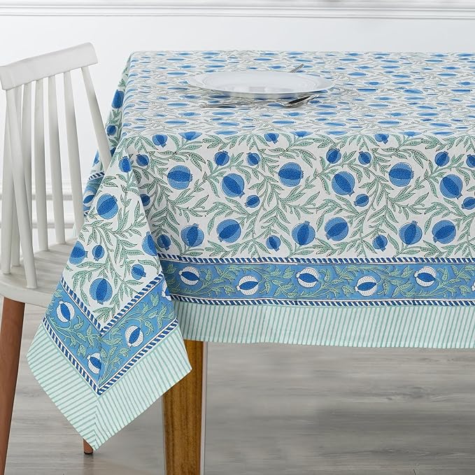 Ridhi Queen Blue Hand Block Print Cotton Rectangle Tablecloth 140 x 72 inches Reusable Table Cover Decorative Everyday Use for Dining Room, Farmhouse, Home, Party, Festive & Wedding, Fall