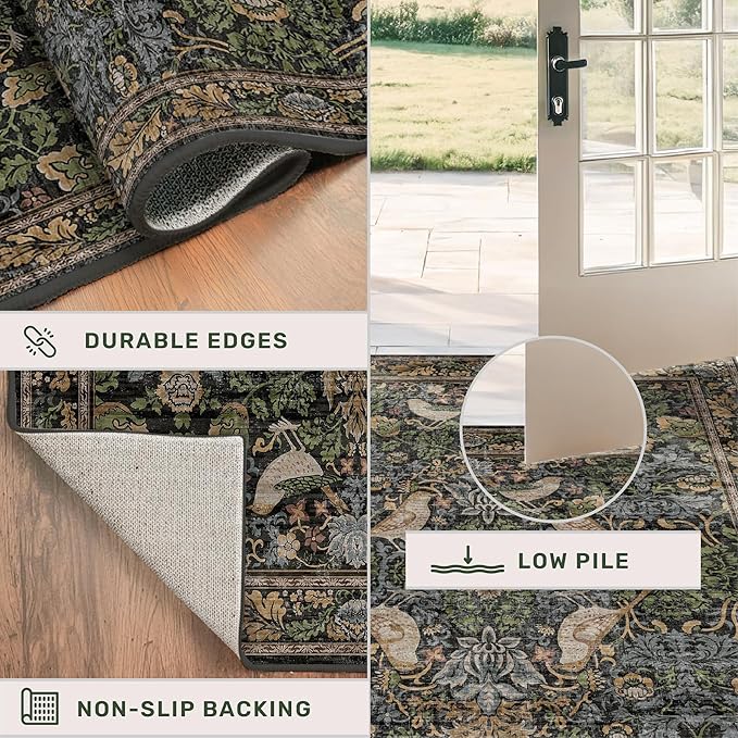 Boho Living Room Rug 5x8 - Dark Green Rugs 5x8 for Bedroom, Dinning Room, Office with Vintage Forest Farmhouse Botanical & Bird Design, Non Slip Stain Resistant Low Pile - Brown