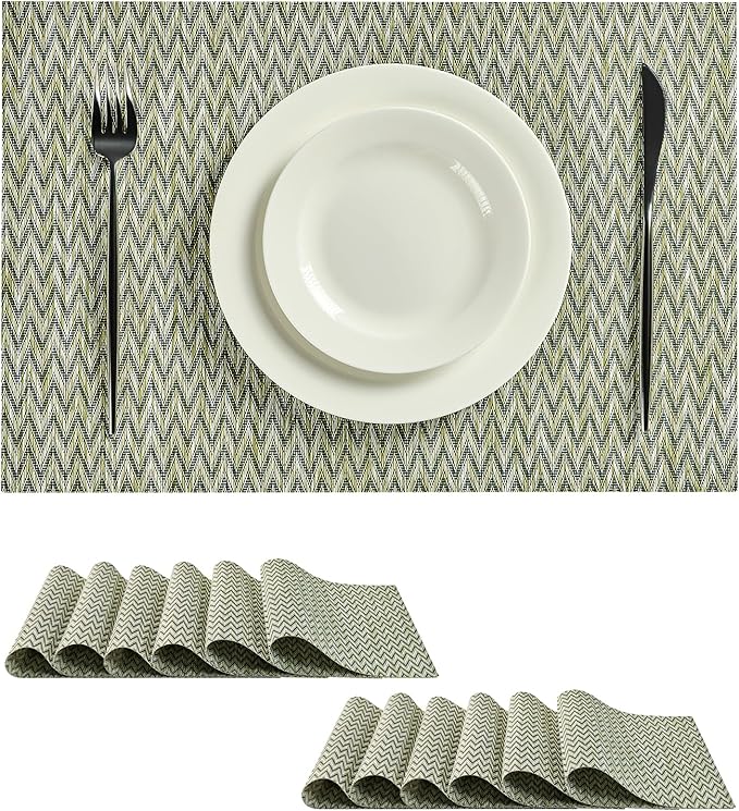 Leetaltree Green Placemats Set of 12 - Heat Resistant Non-Slip Place mats for Dining Table, Washable Durable PVC Vinyl Woven Table Mats（Green Zigzag, 12）