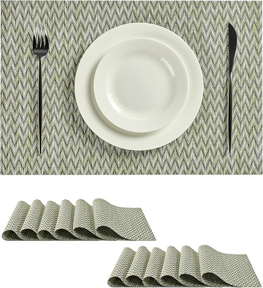 Leetaltree Green Placemats Set of 12 - Heat Resistant Non-Slip Place mats for Dining Table, Washable Durable PVC Vinyl Woven Table Mats（Green Zigzag, 12）