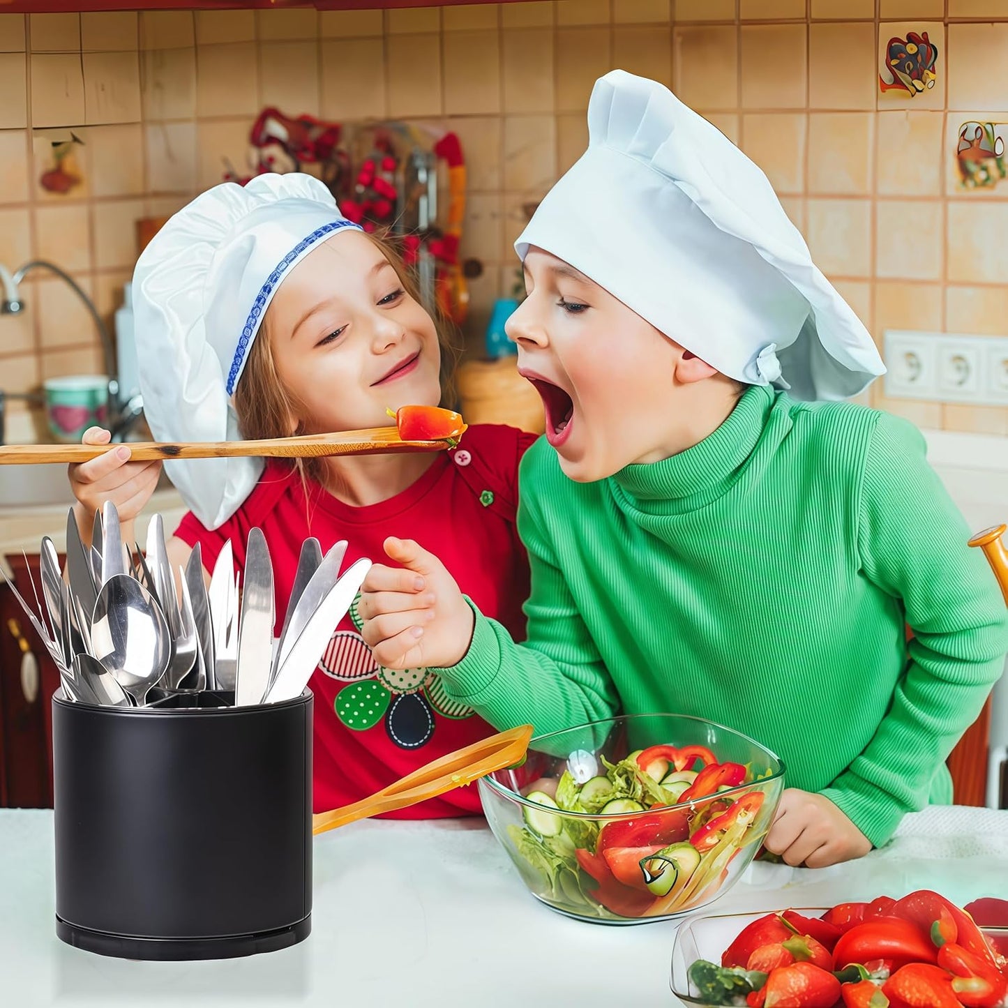 Utensil Holder,Kitchen Utensil Holder For Counter,Rotating Silverware Organizer Cooking Flatware Spoon Spatula Tool Cutlery Container Stainless Steel Caddy