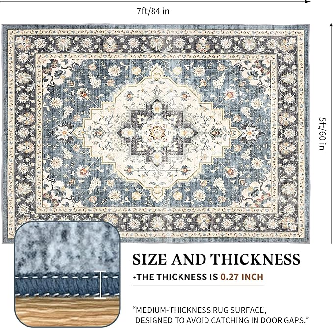 Area Rug for Living Room - Vintage Indoor Machine Washable Rug for Bedroom Dinning Room Floor - Soft Low-Pile Carpet Non-Slip Backing Floral Rugs for Office (Blue/Ivory, 5' × 7')