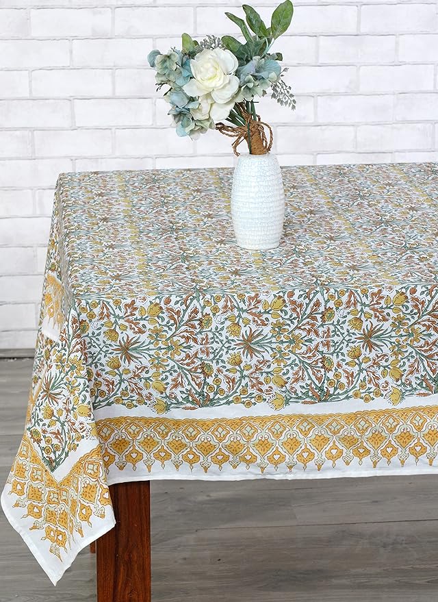 Ridhi Goldenrod Yellow Hand Block Print Cotton Rectangle Tablecloth 190 x 72 inches Reusable Table Cover Decorative Everyday Use for Dining Room, Farmhouse, Home, Party, Festive & Wedding, Fall