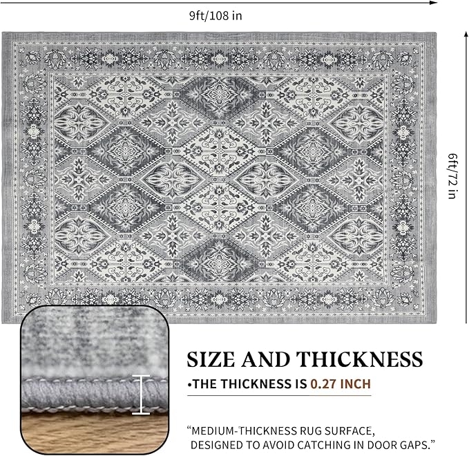 Area Rug for Living Room - Vintage Indoor Machine Washable Rug for Bedroom Dinning Room Floor - Soft Low-Pile Carpet Non-Slip Backing Floral Rugs Office (Grey, 6' × 9')