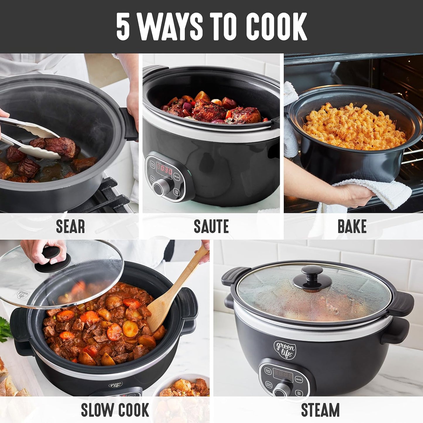 GreenLife 6QT Slow Cooker, Non-Toxic PFAS-Free Ceramic Nonstick Removable Interior Bowl, Programmable, Family Friendly, Keep Warm, Stovetop & Oven Safe, Dishwasher Safe Parts, Timer, Glass Lid, Black