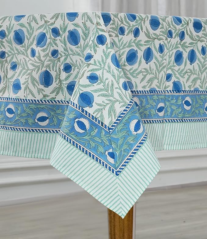 Ridhi Queen Blue Hand Block Print Cotton Rectangle Tablecloth 102 x 48 inches Reusable Table Cover Decorative Everyday Use for Dining Room, Farmhouse, Home, Party, Festive & Wedding, Fall