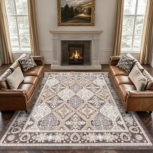 Area Rug for Living Room - Vintage Indoor Machine Washable Rug for Bedroom Dinning Room Floor - Soft Low-Pile Carpet Non-Slip Backing Floral Rugs for Office (Reddish Brown, 8' × 10')