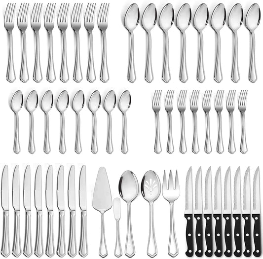 LIANYU 53-Piece Silverware Flatware Set for 8, Plus Steak Knives and Serving Utensils, Stainless Steel Flatware Cutlery Set, Eating Utensils Tableware with Scalloped Edge, Dishwasher Safe