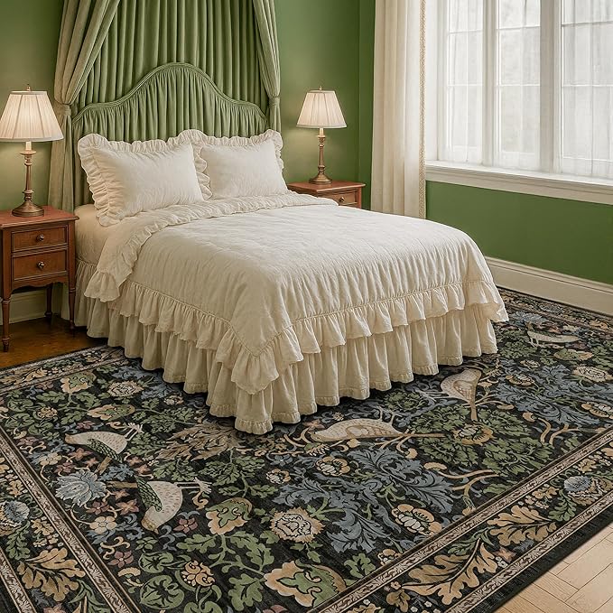 Dark Living Room Rug 8x10 - Large Washable Floral Area Rugs for Dining Room Under Table, Bedroom, Office, Birds and Leaves Nature Design, Non-Slip Low Pile (Dark Green/Brown)