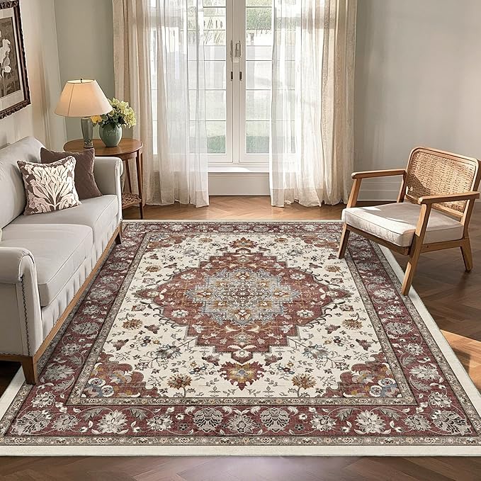 Area Rug for Living Room - Vintage Indoor Machine Washable Rug for Bedroom Dinning Room Floor - Soft Low-Pile Carpet Non-Slip Backing Floral Rugs Office (Brick/Ivory, 6' × 9')