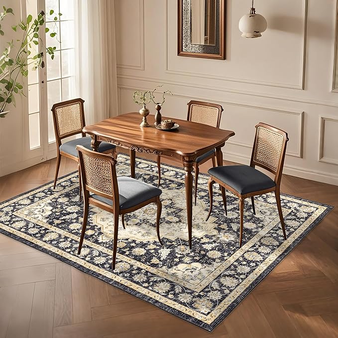 Area Rug for Living Room - Indoor Machine Washable Vintage Rugs for Bedroom Dinning Room Floor Carpet Non-Slip Backing Rugs Floral Soft Low-Pile Office Rug (Black/Beige, 6' × 9')