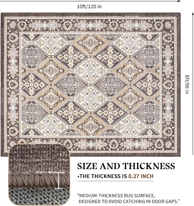 Area Rug for Living Room - Vintage Indoor Machine Washable Rug for Bedroom Dinning Room Floor - Soft Low-Pile Carpet Non-Slip Backing Floral Rugs for Office (Reddish Brown, 8' × 10')