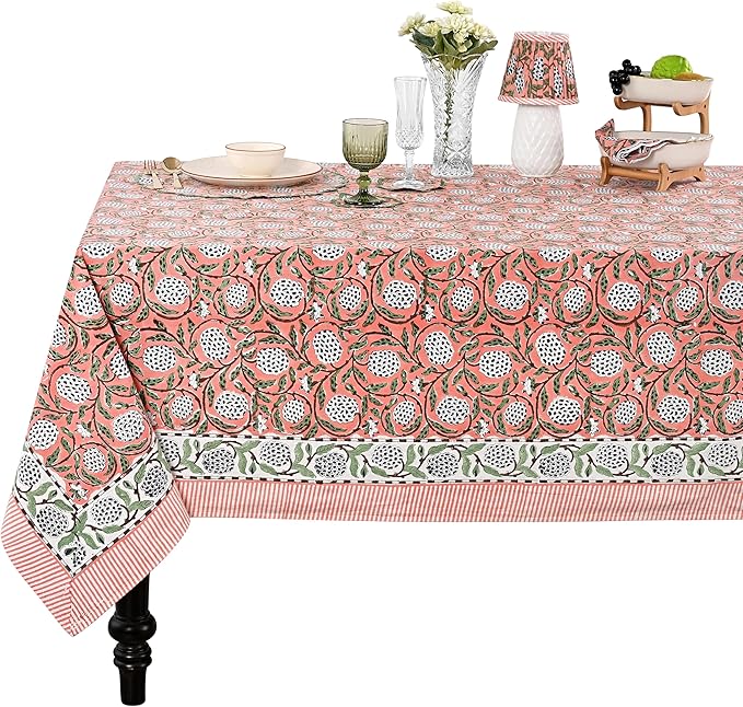 Ridhi Dark Salmon Pink 80 x 120 Inches Rectangular Cotton Washable Tablecloth, Hand Block Print Floral, for Kitchen, Dining, Spring, Easter, Wedding, Birthday, Bridal
