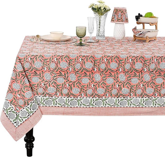 Ridhi Dark Salmon Pink 80 x 120 Inches Rectangular Cotton Washable Tablecloth, Hand Block Print Floral, for Kitchen, Dining, Spring, Easter, Wedding, Birthday, Bridal