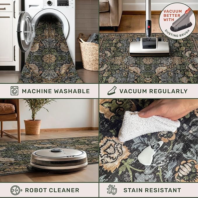 Dark Living Room Rug 8x10 - Large Washable Floral Area Rugs for Dining Room Under Table, Bedroom, Office, Birds and Leaves Nature Design, Non-Slip Low Pile (Dark Green/Brown)