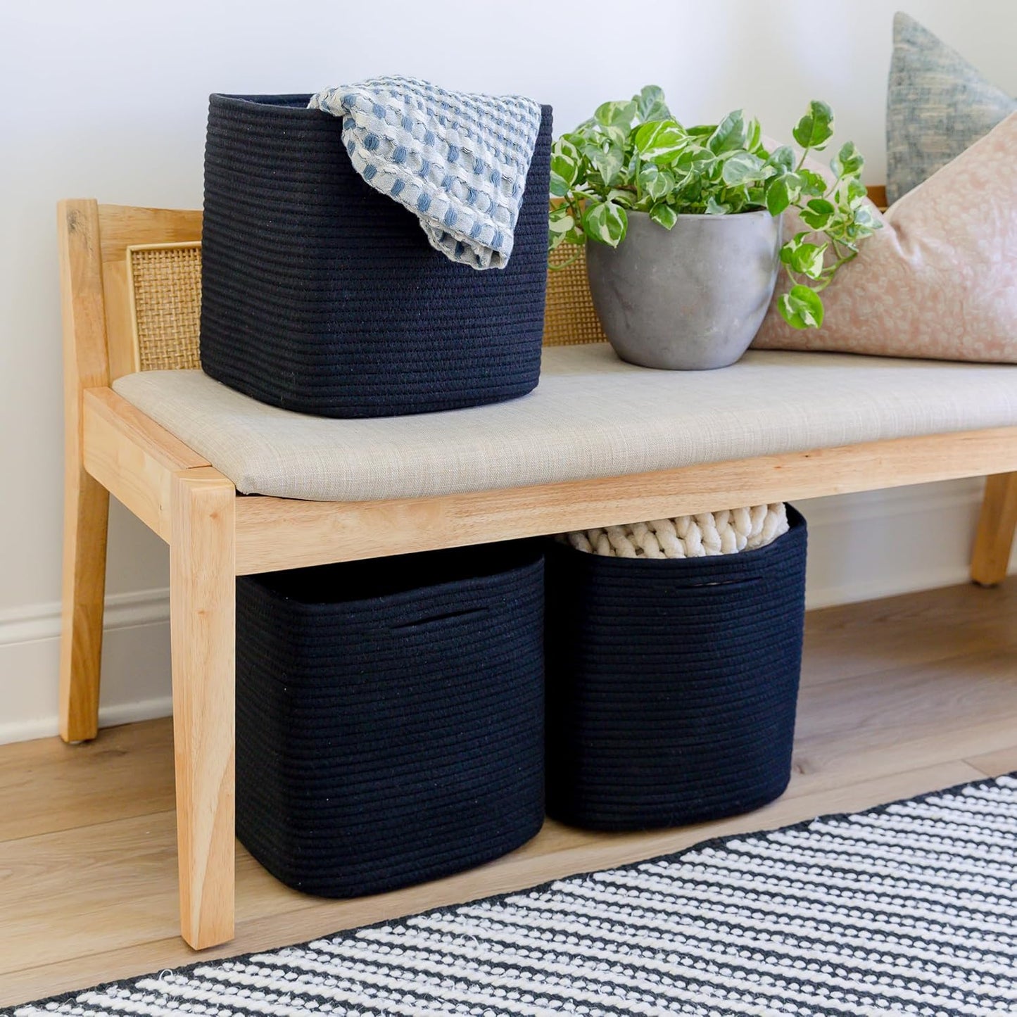 NaturalCozy Storage Cubes 11 Inch Cotton Rope Woven Baskets for Organizing, 3-Pack | Cube Storage Bin | Square Storage Baskets for Shelves Organizer, Classroom, Kids Toy Bins, Closet, Baby Nursery