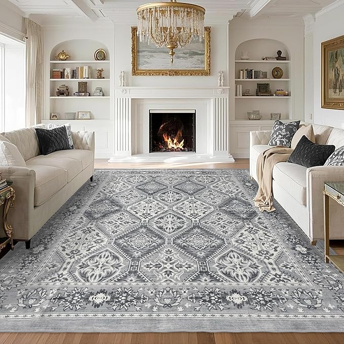 Area Rug for Living Room - Vintage Indoor Machine Washable Rug for Bedroom Dinning Room Floor - Soft Low-Pile Carpet Non-Slip Backing Floral Rugs for Office (Grey, 9' × 12')