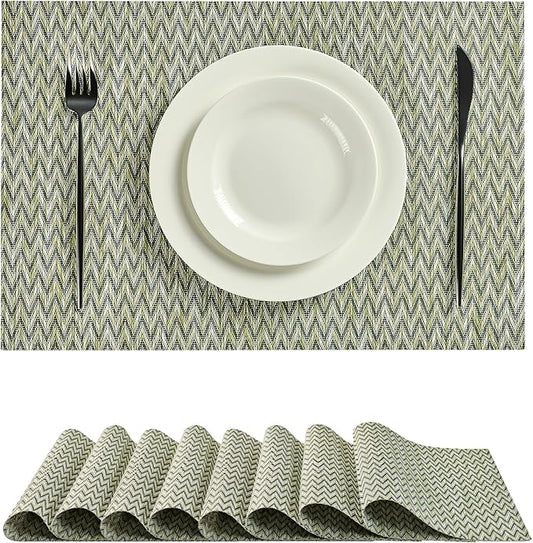 Leetaltree Green Placemats Set of 8 - Heat Resistant Non-Slip Place mats for Dining Table, Washable Durable PVC Vinyl Woven Table Mats（Green Zigzag, 8）