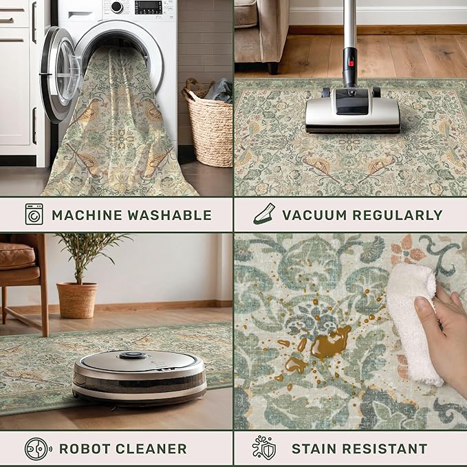 Botanical Sage Rug for Living Room - Washable 10x12 Area Rug for Dining Room Under Table, Extra Large Bedroom - Boho Bird Farmhouse Light Green Decor, Soft Low PileNon-Slip & Stain Resistance