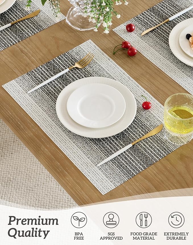 Leetaltree Black with White Woven Placemats Set of 4 - Heat Resistant Non-Slip Place mats for Dining Table, Washable Durable PVC Vinyl Woven Table Mats(Black with White, 4)