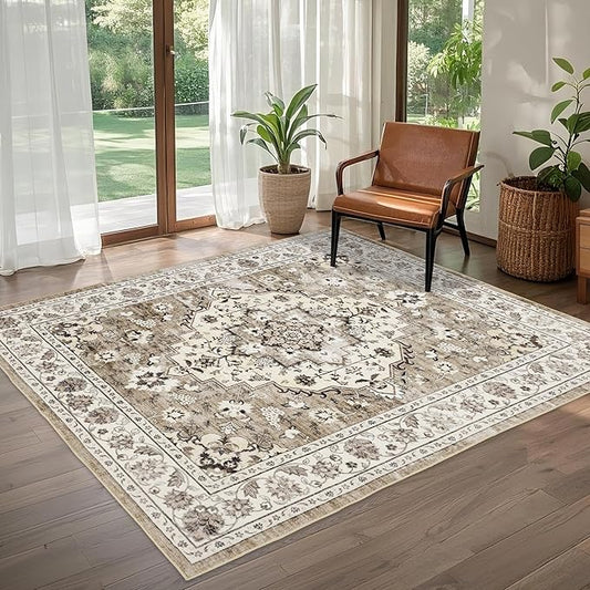Area Rug for Living Room - Vintage Indoor Machine Washable Rug for Bedroom Dinning Room Floor - Soft Low-Pile Carpet Non-Slip Backing Floral Rugs for Office (Ivory/Beige, 6' × 9')