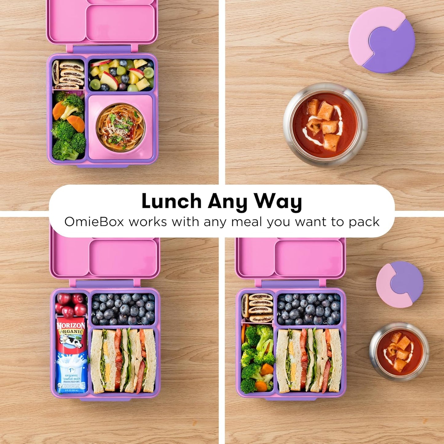 OmieBox Bento Box for Kids - Insulated Bento Lunch Box with Leak Proof Vacuum Insulated Food Jar - 3 Compartments, Two Temperature Zones (Unicorn Pink)