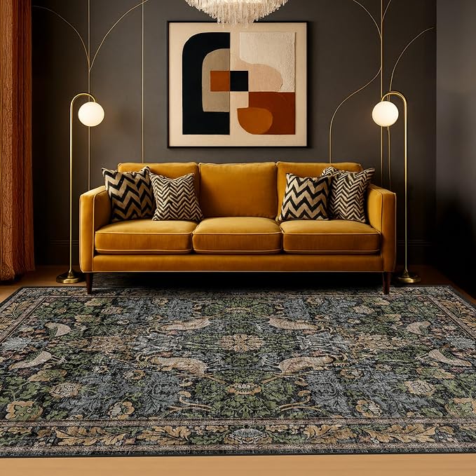 Boho Living Room Rug 5x8 - Dark Green Rugs 5x8 for Bedroom, Dinning Room, Office with Vintage Forest Farmhouse Botanical & Bird Design, Non Slip Stain Resistant Low Pile - Brown