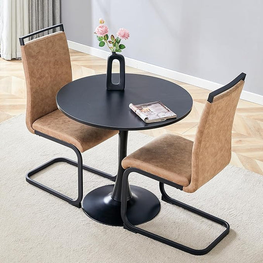32" Round Dining Table Set for 2, Indoor Bistro Table and Chairs Set of 2, Breakfast Table Set with Leather Upholstered Chairs, Ideal for Apartment,Kitchen, Office, Save Space(Black)