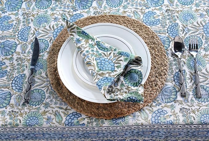 Ridhi Asparagus Green Hand Block Print Cotton Rectangle Tablecloth 160 x 72 inch-Reusable Table Cover Decorative Everyday Use for Dining Room, Farmhouse, Thanksgiving, Christmas Wedding, Fall