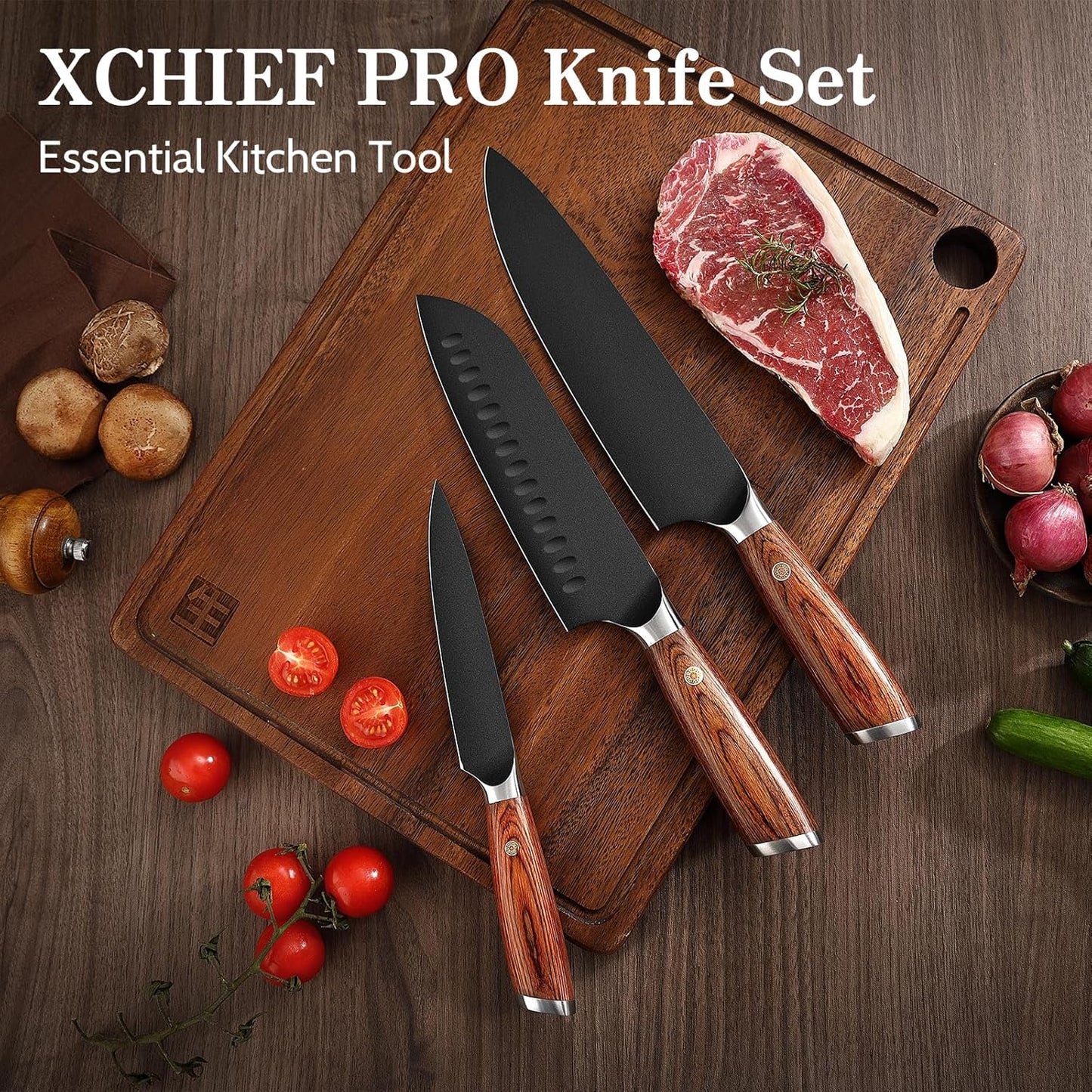 Kitchen Knife Set, 3 Pieces Japanese High Carbon Stainless Steel Chef Cooking Knife Set, Ultra Sharp Professional Chef Santoku Utility Knives (Black)