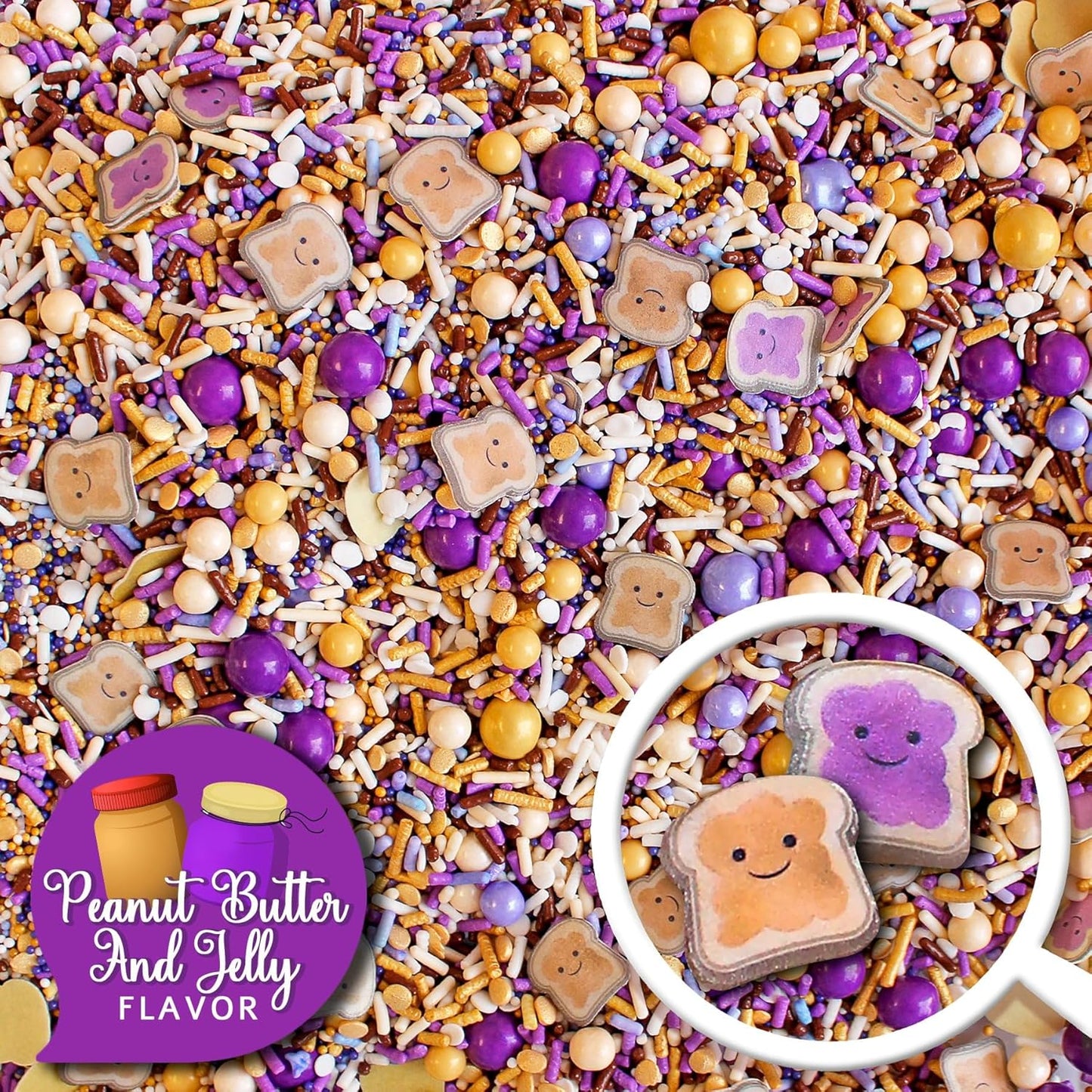 Sprinkle Pop PB&J Sprinkle Mix| lavender Purple Gold Cream Chocolate Sprinkles with ~20 Peanut Butter & Grape Jelly Slice Wafer Papers| Sprinkles Made in USA for Decorating Cake Cupcakes Cookies, 4oz