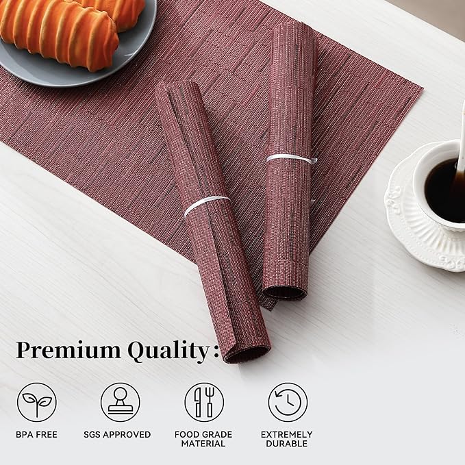 Leetaltree Burgundy Placemats Set of 6 - Heat Resistant Non-Slip Place mats for Dining Table, Washable Durable PVC Vinyl Woven Table Mats（Burgundy, 6）