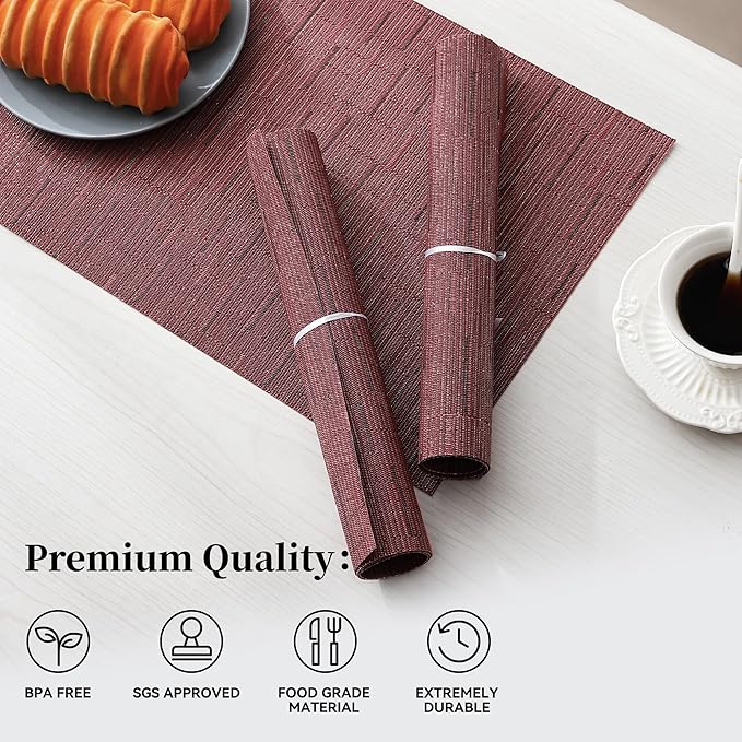 Leetaltree Burgundy Placemats Set of 4 - Heat Resistant Non-Slip Place mats for Dining Table, Washable Durable PVC Vinyl Woven Table Mats（Burgundy, 4）