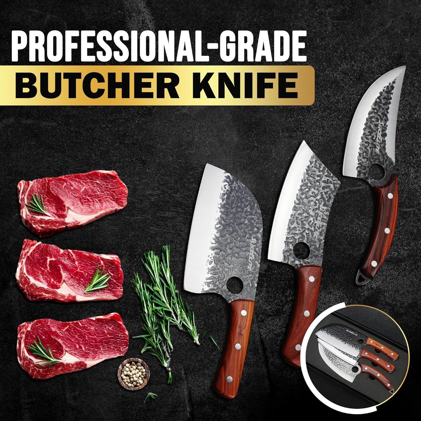 SliceElite 3PCS Hand-Forged Professional Butcher Knife Set: Cleaver, Sharp Viking, & Boning, Knives for meat cutting | Chef Set with Gift Box meat cutting knife Perfect BBQ Gift for Men