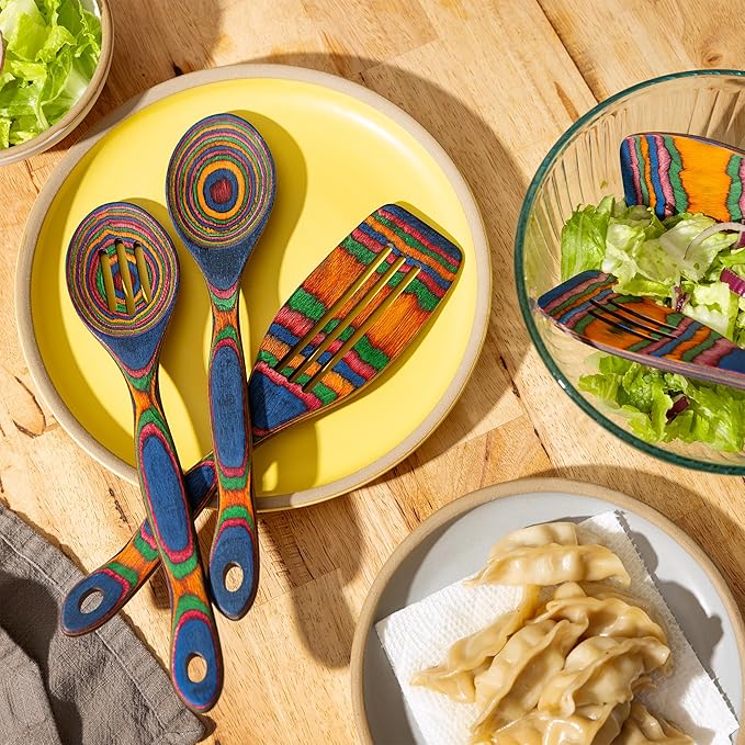 5pc Wood Cooking Utensils Set - Wooden Spoons for Cooking – Pakka Wood Utensils for Cooking and Serving – Comfortable Grip and Non Stick (Blue Rainbow)