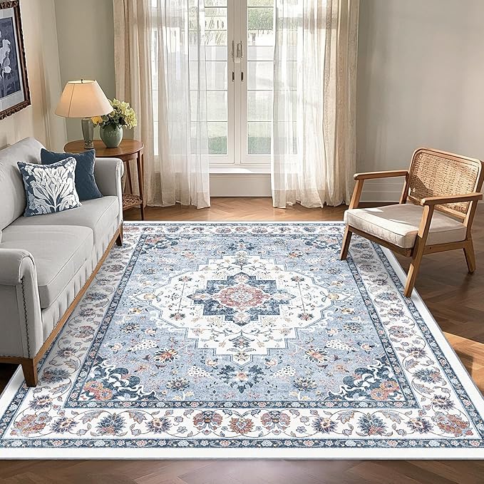 Area Rug for Living Room - Vintage Indoor Machine Washable Rug for Bedroom Dinning Room Floor - Soft Low-Pile Carpet Non-Slip Backing Floral Rugs for Office (Blue White, 6' × 9')