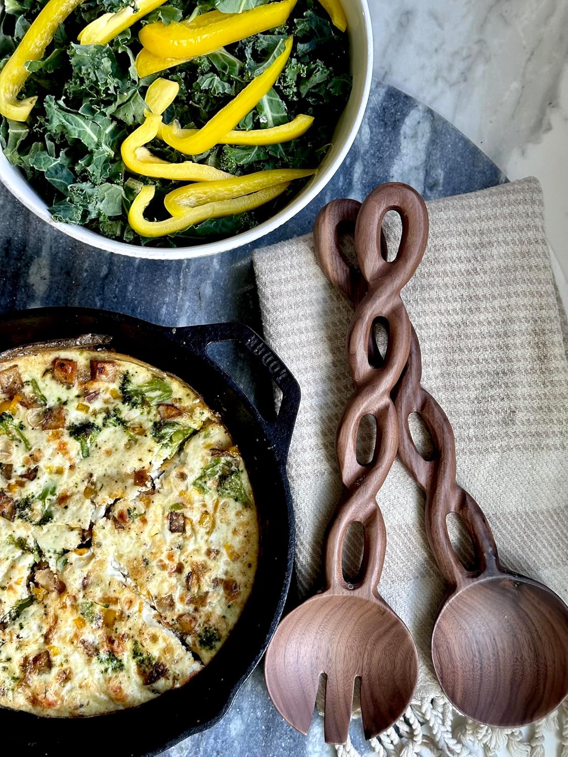 13" Wooden Salad Tongs For Serving, Walnut Kitchen Utensils Set, Salad Servers Mixing Dinner Fork and Spoon Long Handle, Housewarming Gift Ideas, Set of 2 (Walnut Wood)