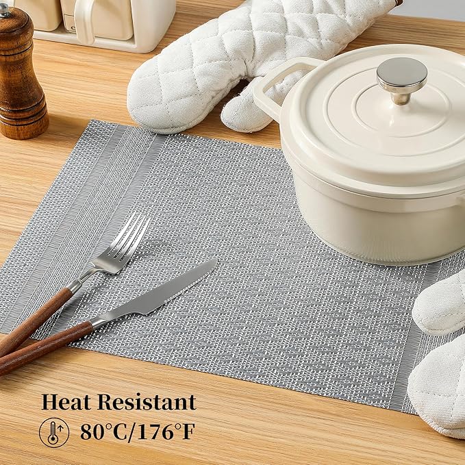 Leetaltree Lunar Grey Placemats Set of 6 - Heat Resistant Non-Slip Place mats for Dining Table, Washable Durable PVC Vinyl Woven Table Mats（Lunar Grey, 6）