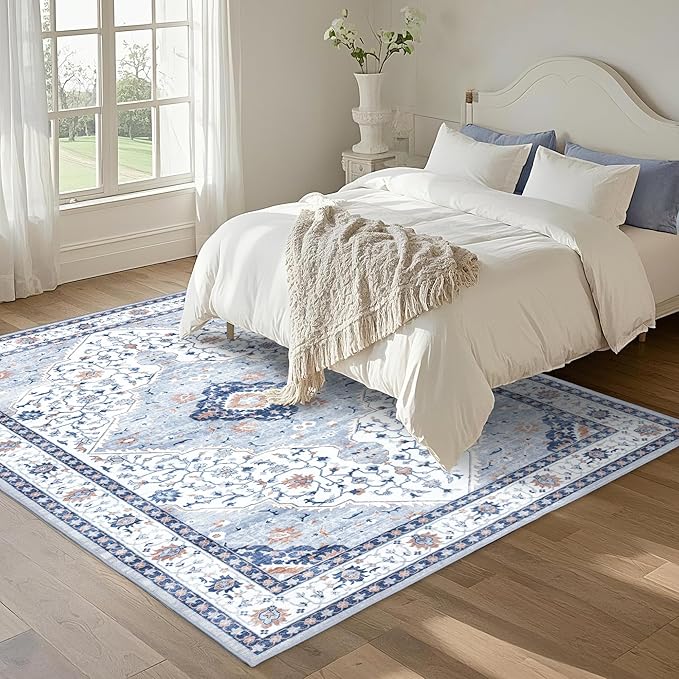 Area Rug for Living Room - Vintage Indoor Machine Washable Rug for Bedroom Dinning Room Floor - Soft Low-Pile Carpet Non-Slip Backing Floral Rugs for Office (Blue/White, 5' × 7')