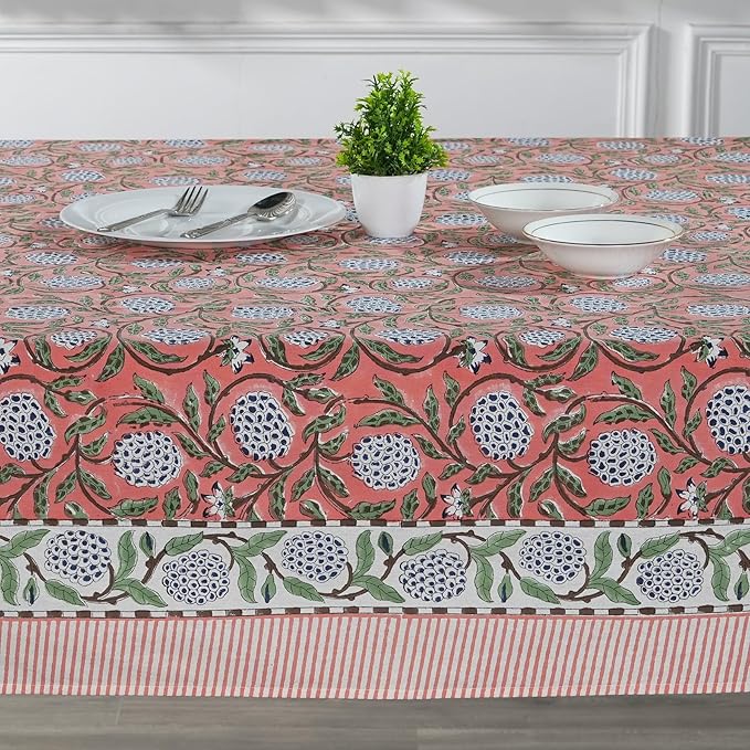 Ridhi Dark Salmon Pink 72 x 190 Inches Rectangular Cotton Washable Tablecloth, Hand Block Print Floral, for Kitchen, Dining, Spring, Easter, Wedding, Birthday, Bridal