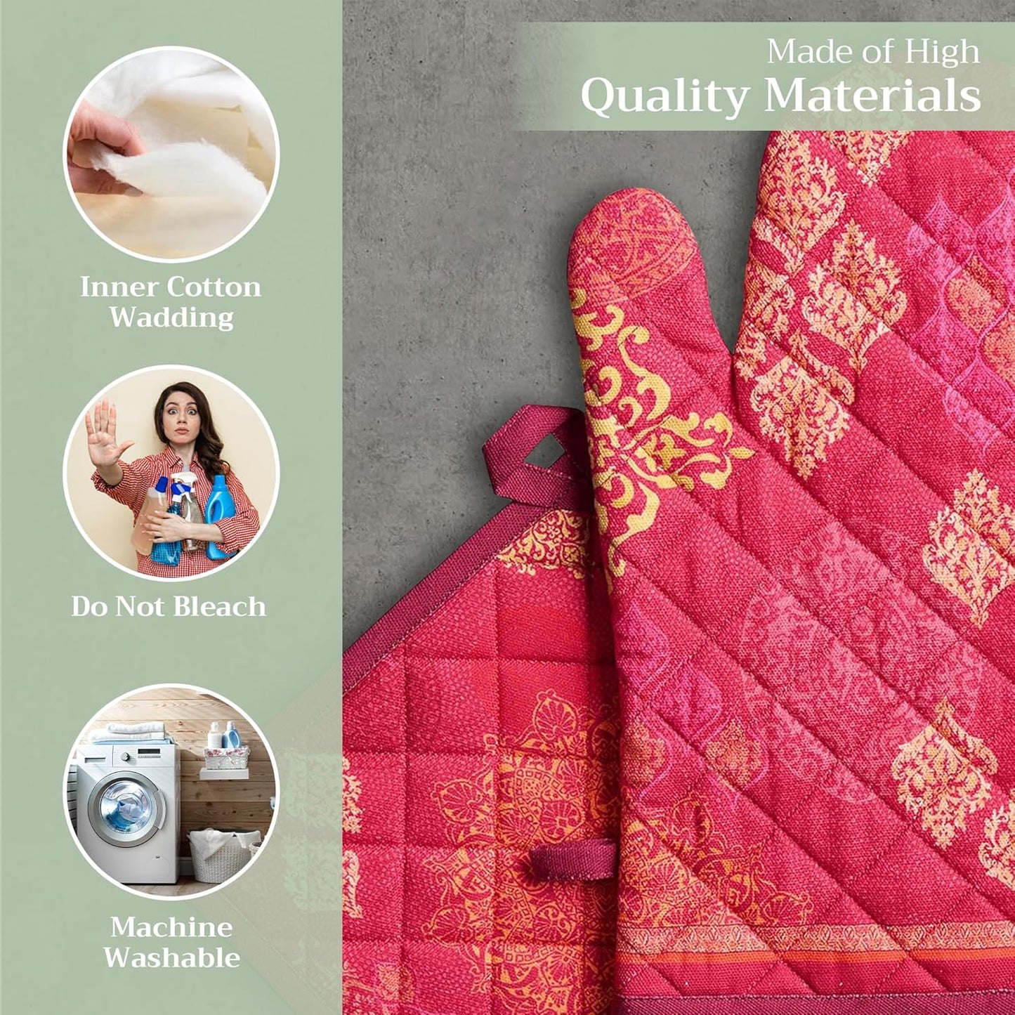 Maison d' Hermine 100% Cotton Oven Mitt & Pot Holder Set (7.5"x13" & 8"x8") Heat Resistant BBQ Cooking Gloves with Loop, Baking, Grilling, Kitchen, Handling Hot Pans (Versailles)