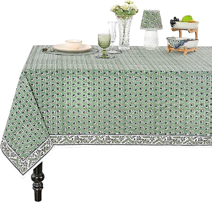 Ridhi Basil Green Hand Block Print Cotton Rectangle Tablecloth 118 x 70 inches Reusable Table Cover Decorative Everyday Use for Dining Room, Farmhouse, Home, Party, Festive & Wedding, Fall