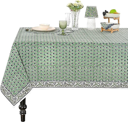 Ridhi Basil Green Hand Block Print Cotton Rectangle Tablecloth 118 x 70 inches Reusable Table Cover Decorative Everyday Use for Dining Room, Farmhouse, Home, Party, Festive & Wedding, Fall