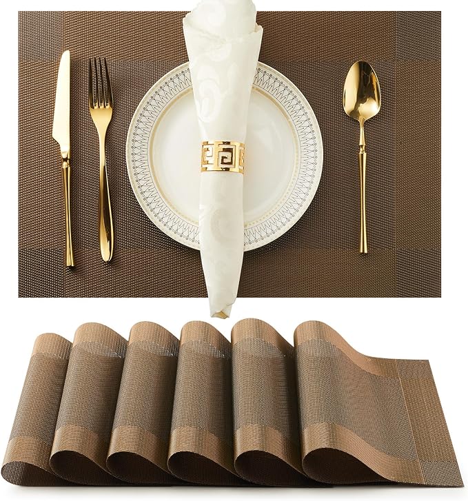Brown Placemats Set of 6-Durable PVC Table placemats,Vinyl Woven Place Mats for Dining Table Heat Resistant Non-Slip Washable Indoor/Outdoor Table Mats 12 x17 inch