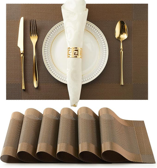 Brown Placemats Set of 6-Durable PVC Table placemats,Vinyl Woven Place Mats for Dining Table Heat Resistant Non-Slip Washable Indoor/Outdoor Table Mats 12 x17 inch