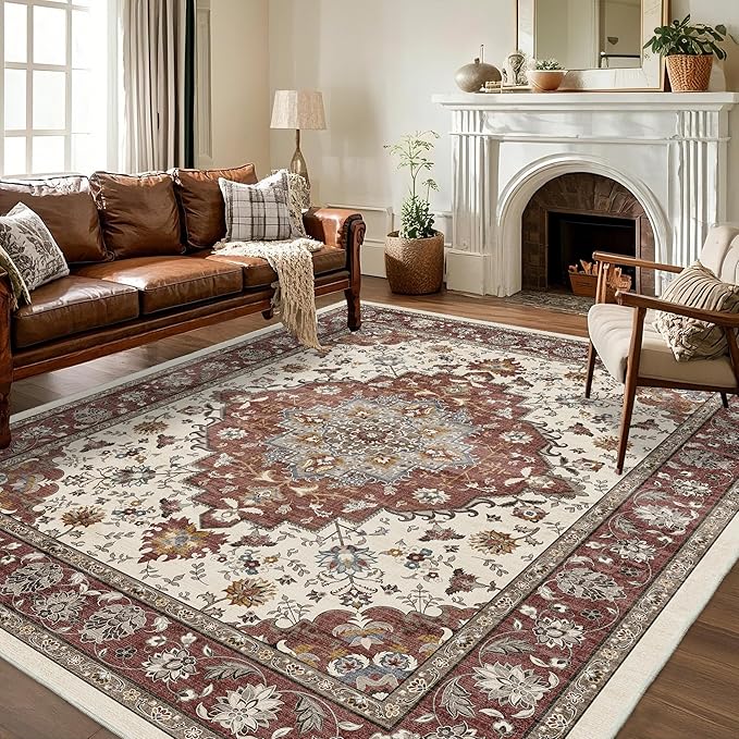 Area Rug for Living Room - Vintage Indoor Machine Washable Rug for Bedroom Dinning Room Floor - Soft Low-Pile Carpet Non-Slip Backing Floral Rugs for Office (Brick/Ivory, 8' × 10')