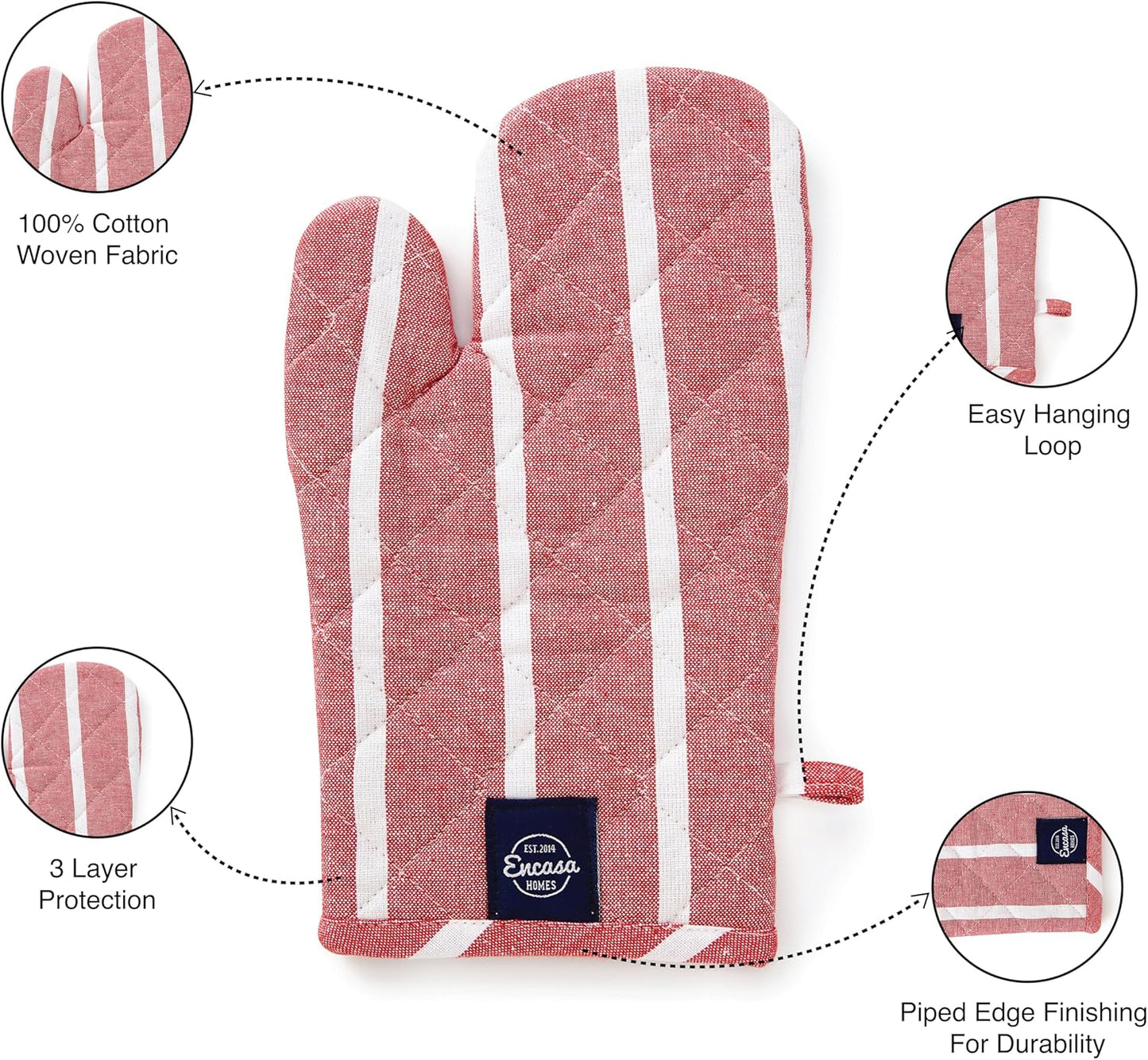 Encasa XO Long 12"x7" Oven Microwave Hand Gloves Mitts (2 pc Set) for Kitchen Cooking & Baking - Heat Resistant, Thick & Safe, Protection of Hands from Hot Utensils - Roma Red Stripes