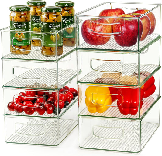 Hudgan 8 PACK Clear Stackable Storage Bins, Straight Sides Plastic Organizer Bins for Kitchen and Pantry Organization, 4 Large and 4 Medium Sizes Refrigerator Fridge Organizers and Storage