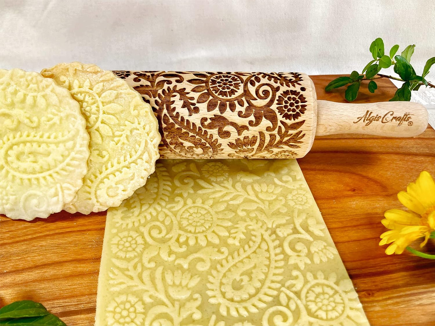 FLORAL 3 Small Textured Rolling Pin Set. Wooden laser engraved embossing dough roller for embossed cookies gift for Birthday, Easter by Algis Crafts